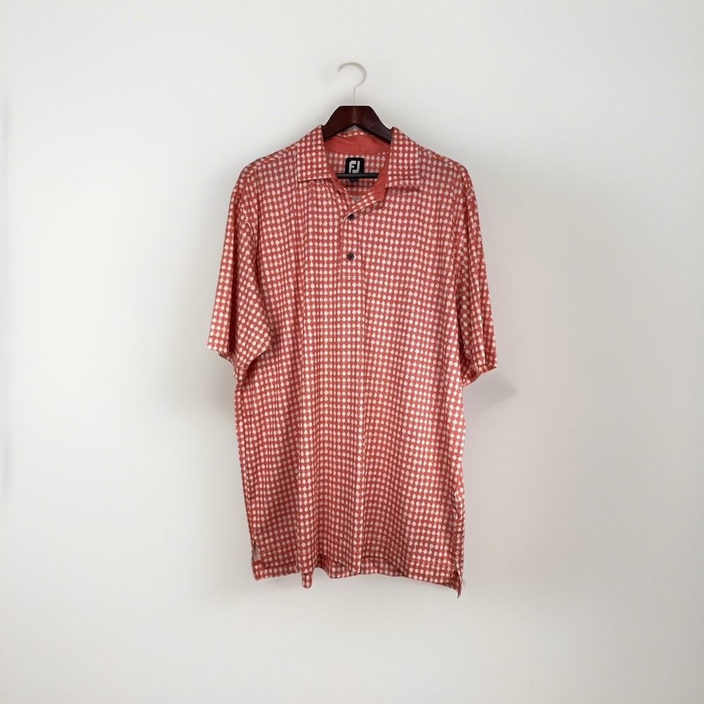 FJ Footjoy Polo Mens XL Orange Polka-dotted Polo Golf Shirt Embroidered Relaxed